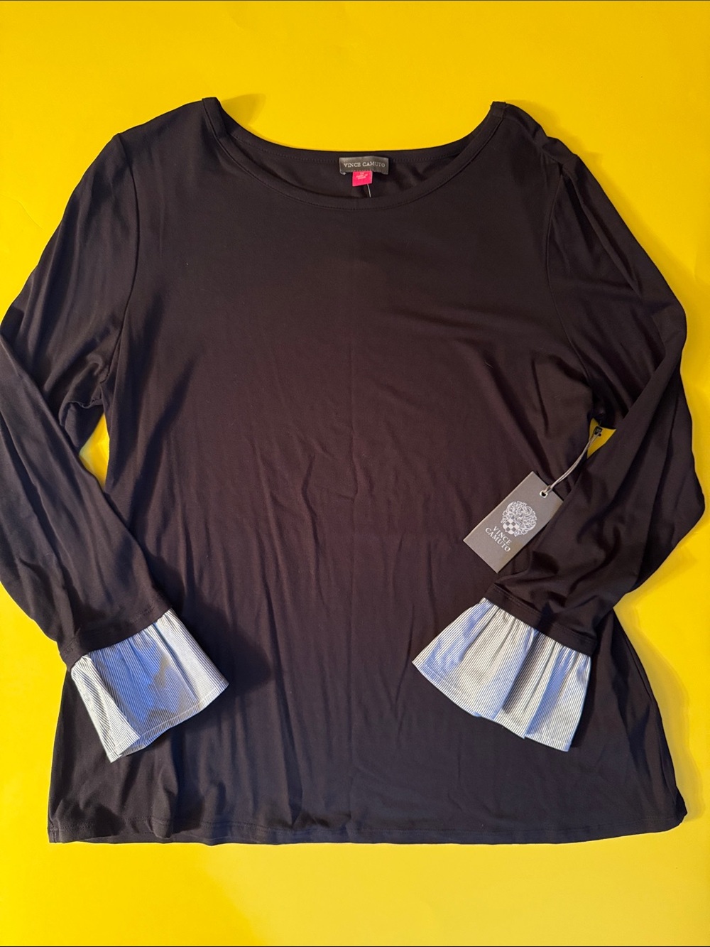 Vince Camuto Black Top with Blue Stripe Ruffle Cuffs NWTGS